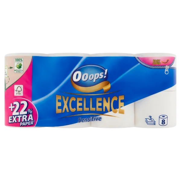 Ooops! Excellence Sensitive toalettpapír 3 rétegű 8 tekercs termékhez kapcsolódó kép